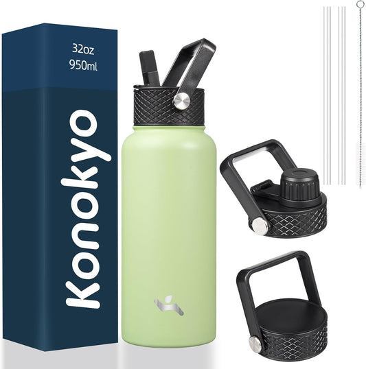 32 oz Insulated Water Bottle Stainless Steel Sport Bottles with 3 Lids,Macaron Green