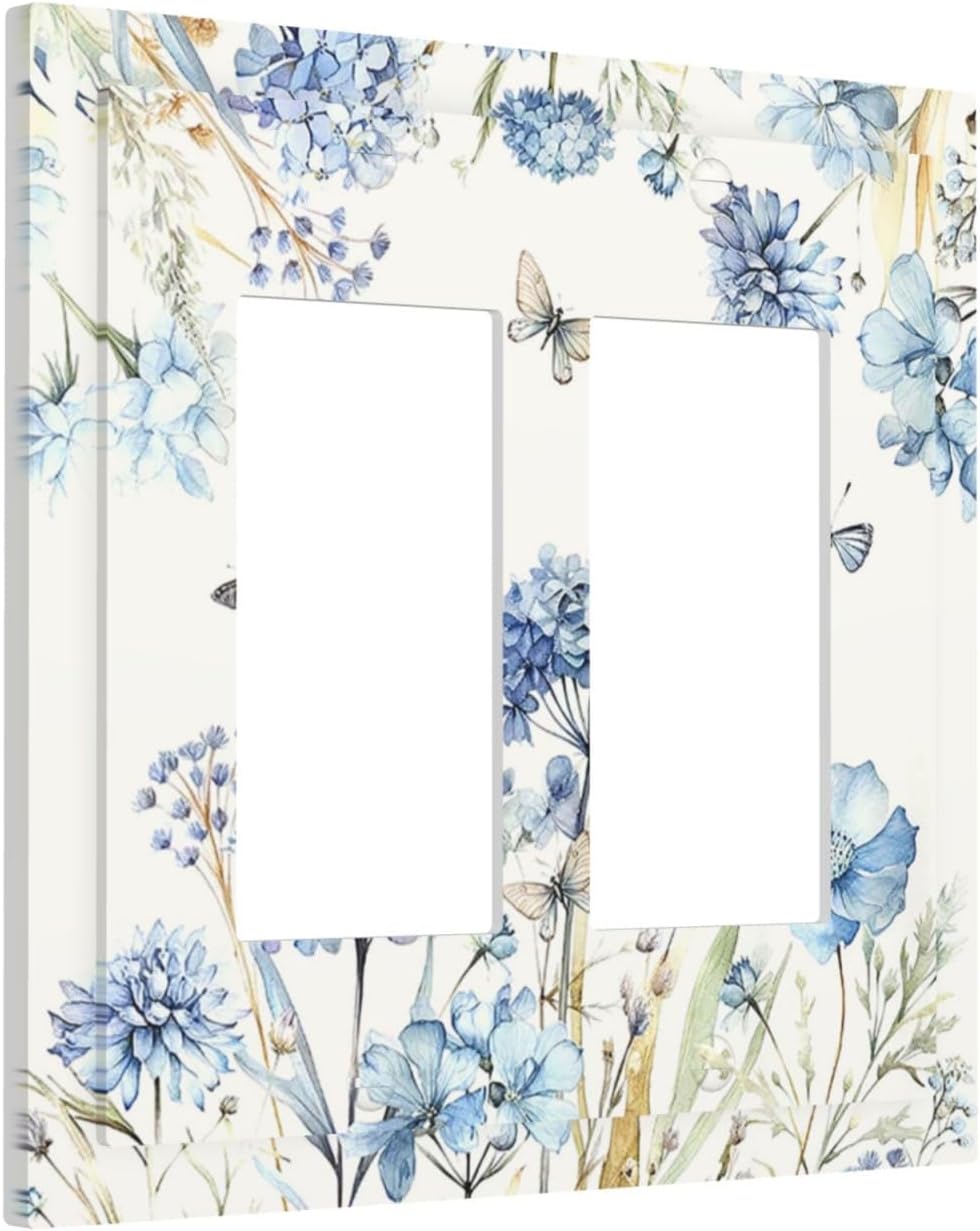 Decorative Outlet Covers Blue Floral Hydrangea Plants 2 Gang Double GFCI Rocker Electrical Wall Panels Light Switch Cover Plate for Bedroom Home Decor