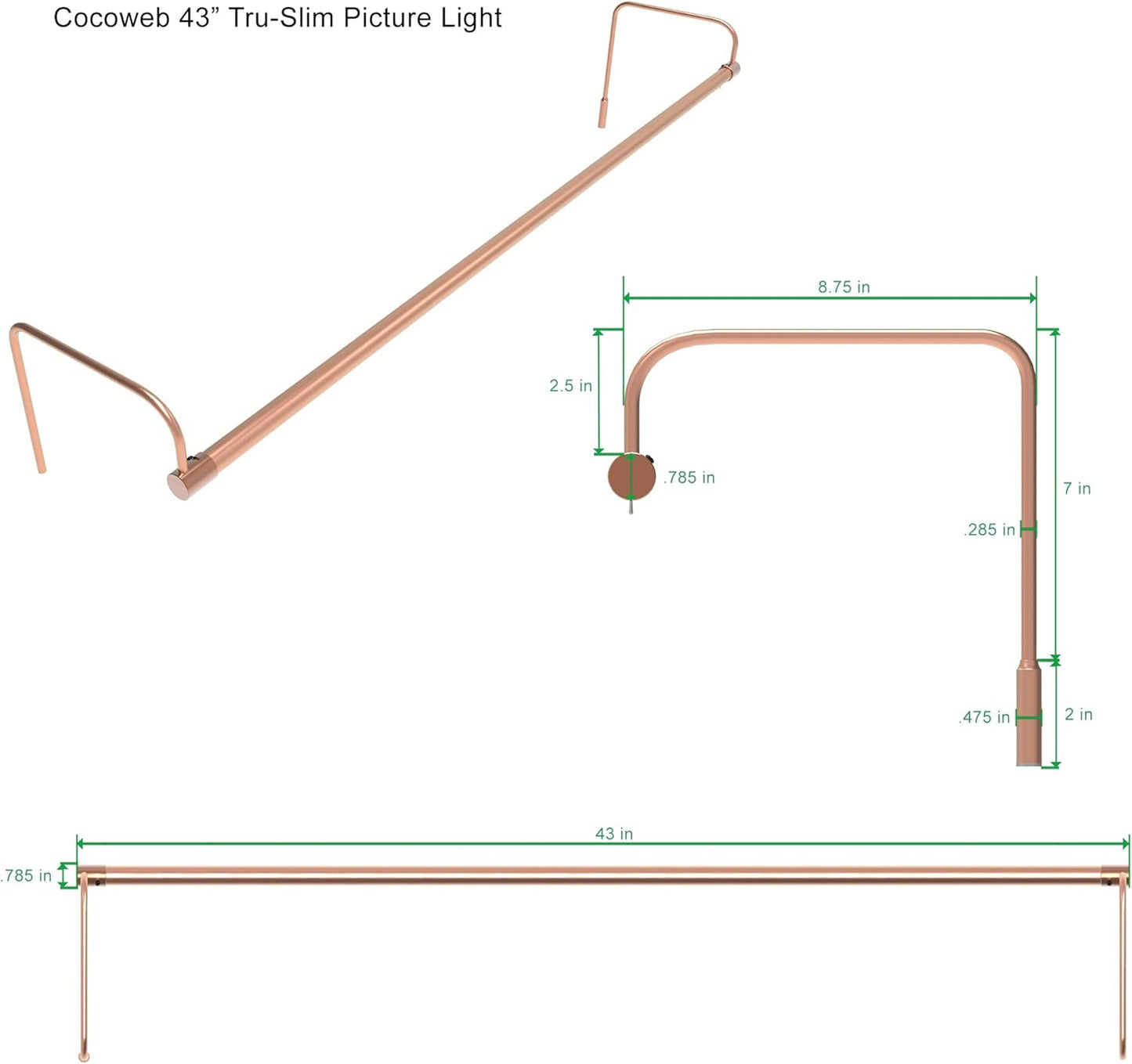 Cocoweb 43 Inch Tru-Slim Copper Picture Light - LED, 2700K, Adjustable Arm, Plug-in, Toggle Switch, Sleek and Compact Design