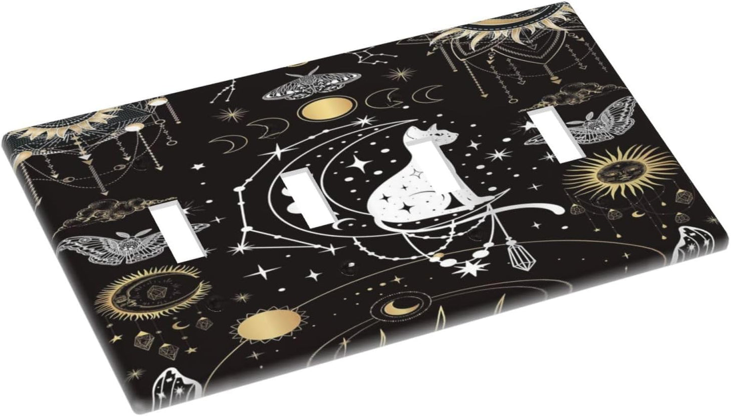 White Cat Tarot Moon Phases Moth Celestial Gothic Light Switch Covers Quad Toggle Electrical Faceplate 4 Gang Wall Plate Decorative Switch Plates Cover for Kids Room Bedroom Decor