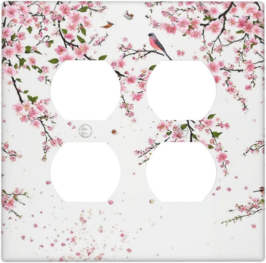 Decorative Outlet Covers Rustic Plum Blossom Pink Flowers 2 Gang Wall Plate Double Duplex Light Switch Cover Switch Plate Covers Faceplate for Country Home Bedroom Decor