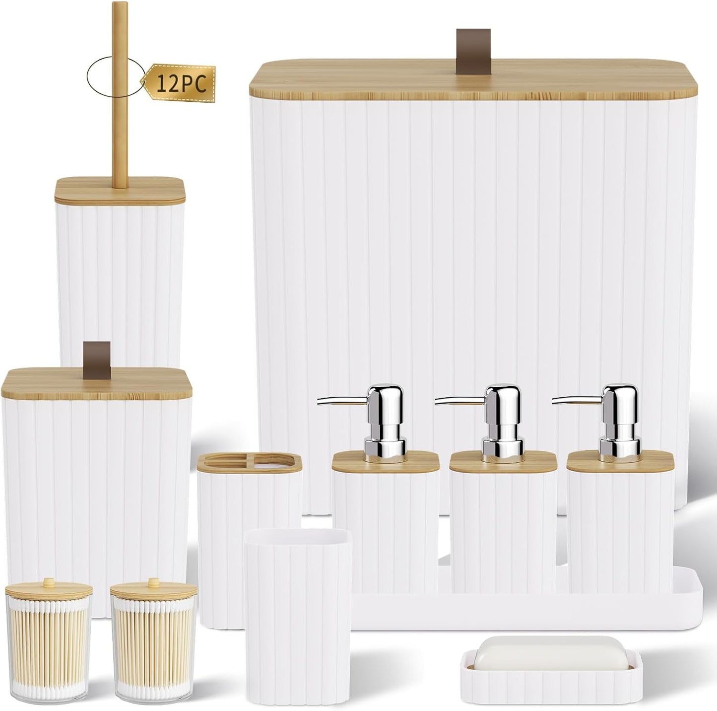 Bathroom Accessory Set - White Bathroom Set, 12PC Bathroom Accessories Set, White Bathroom Accessories Set, Mini Trash Can, Toilet Brush, Trash Can & Soap Dispenser
