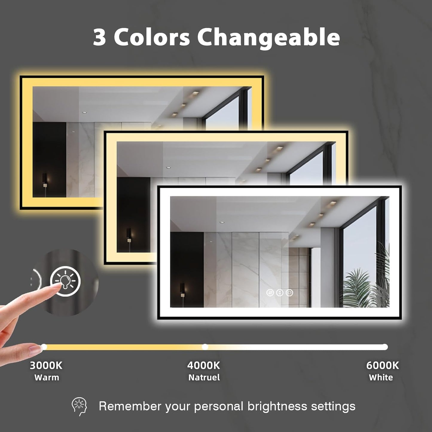 55x30 Light up Bathroom Mirror,LED Vanity Mirror,Black Framed,Backlit + Front Lit,3 Colors Dimmable,Anti-Fog,Shatter-Proof,Touch Control,Anti-Corrosion,Memory(Horizontal/Vertical)