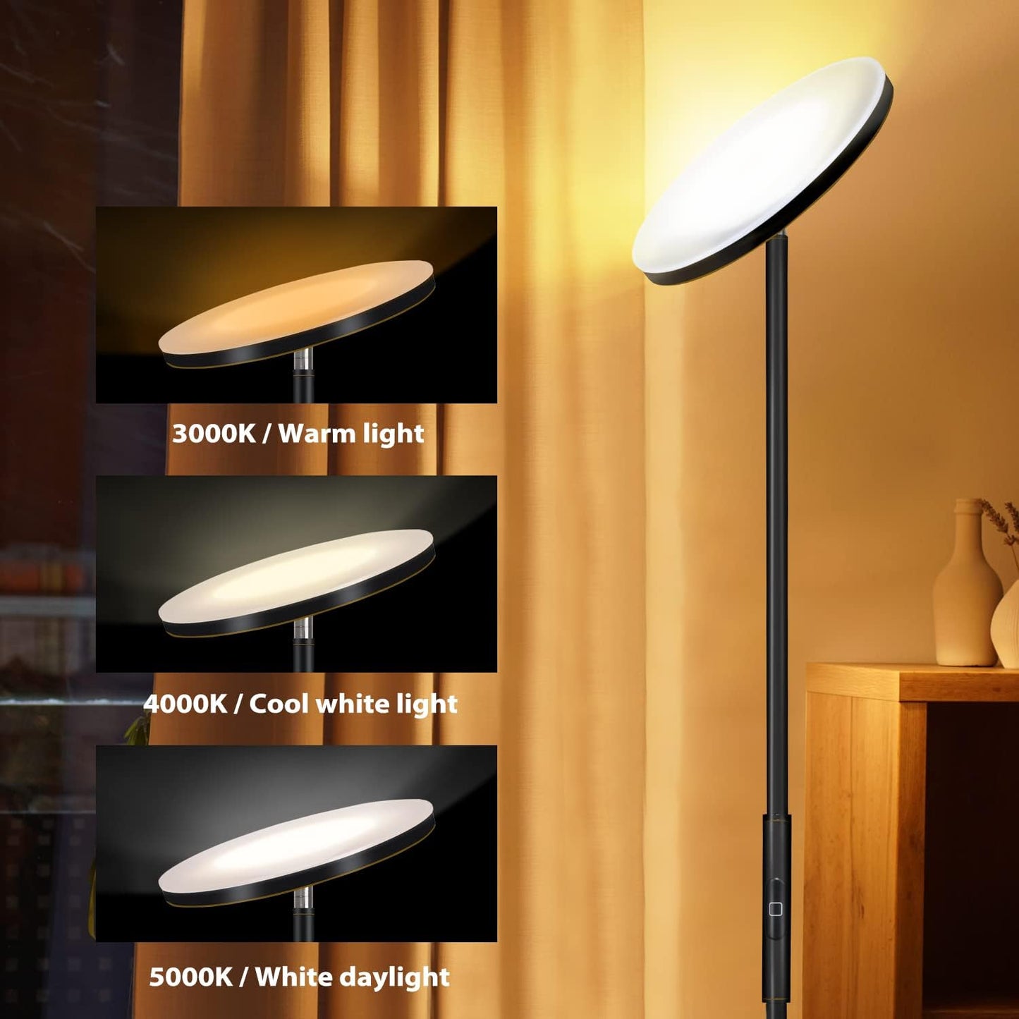 JOOFO Floor Lamp,30W/2400LM Sky LED Modern Torchiere 3 Color Temperatures Super Bright Floor Lamps-Tall Standing Pole Light with Remote & Touch Control for Living Room,Bed Room,Office (Black-Gold)