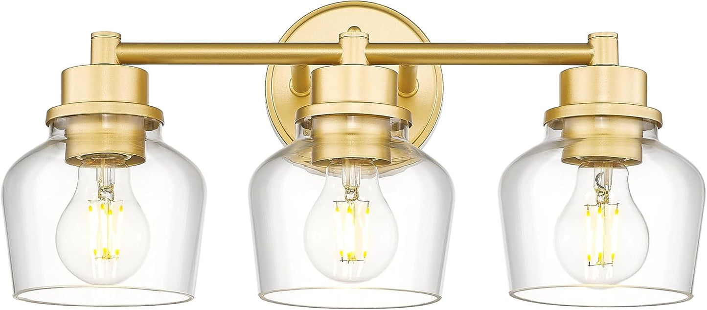 Emak Modern Gold Vanity Lights, Bathroom Lighting Fixtures Over Mirror with Clear Glass Shade, 3-Light Vanity Light for Bathroom, Mirror, Makeup Desk, VL122-GD-CG-3