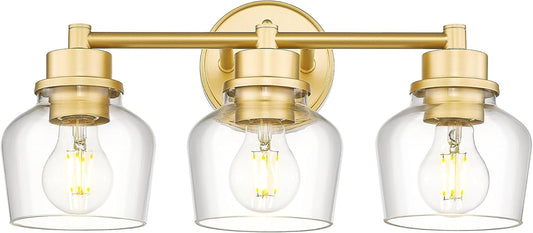Emak Modern Gold Vanity Lights, Bathroom Lighting Fixtures Over Mirror with Clear Glass Shade, 3-Light Vanity Light for Bathroom, Mirror, Makeup Desk, VL122-GD-CG-3