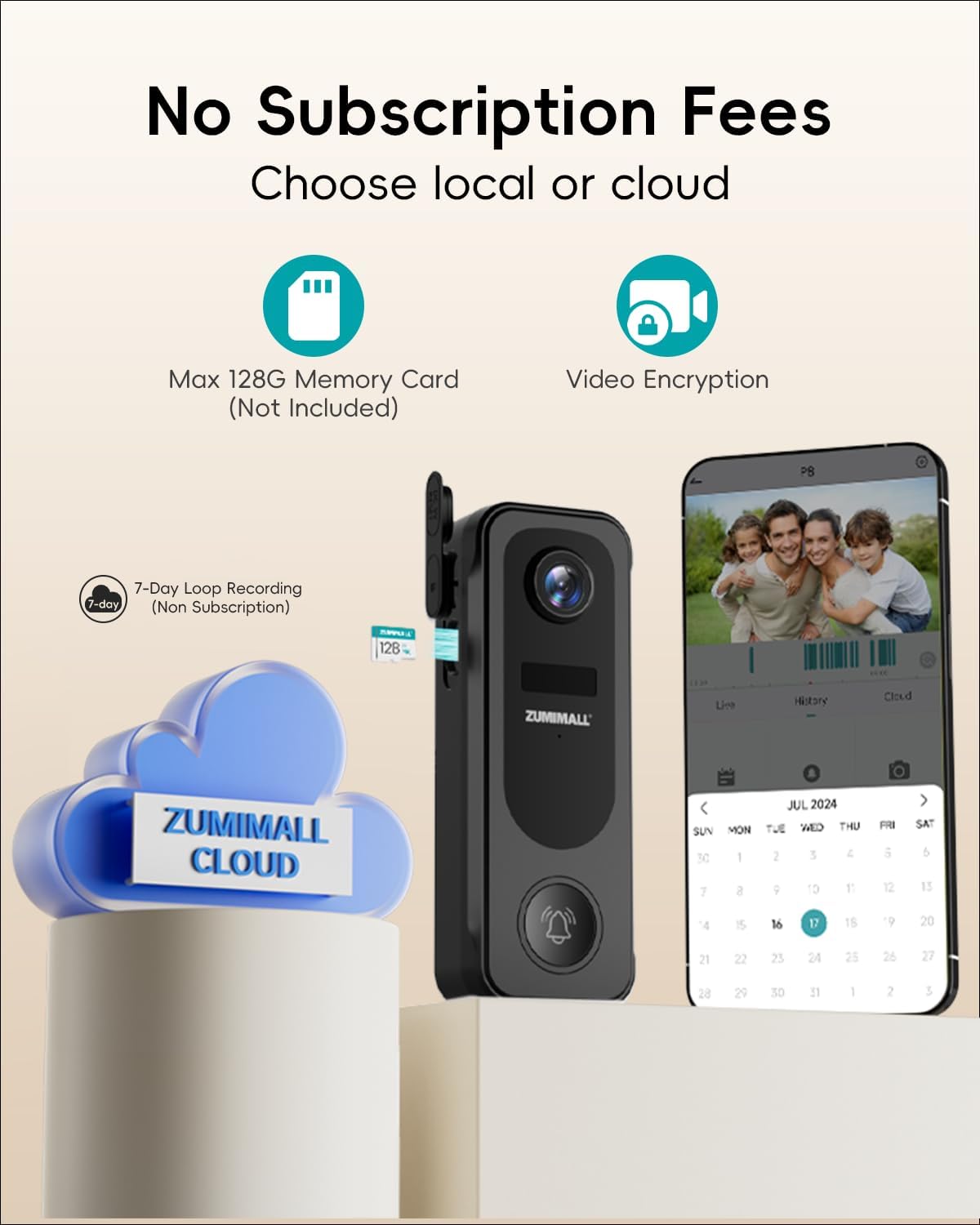 ZUMIMALL Doorbell Camera Wireless No Subscription - 2K Video Doorbell with Chime, 2 Way Audio, Anti-Theft, PIR Human/AI Detection, Local/Cloud Storage, 2.4GHz WiFi, Battery Powered, Work with Alexa