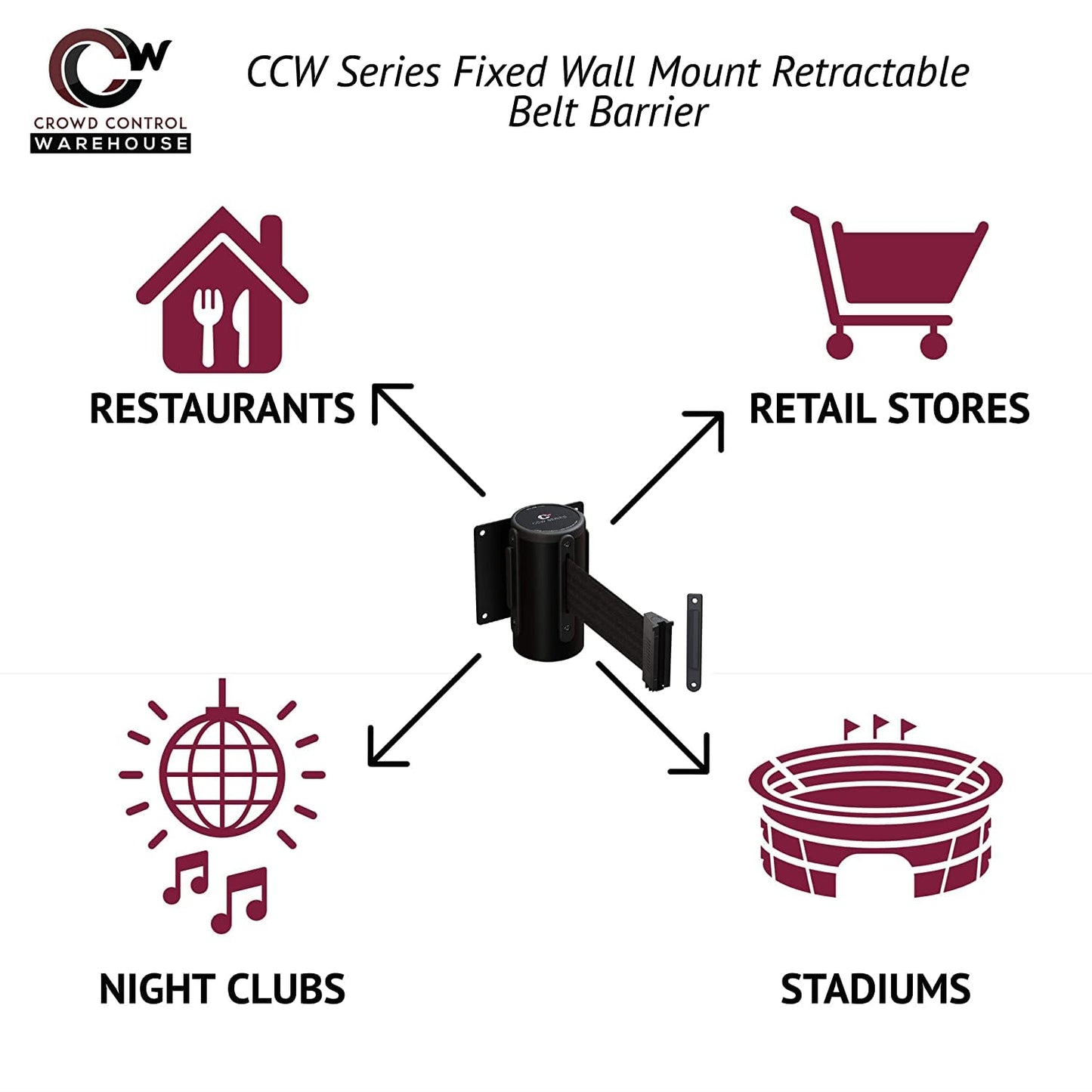 Crowd Control Warehouse - CCW Series WMB-120 Fixed Wall Mount Retractable Belt Barrier - 11 Foot, Dark Grey Belt with Stainless Steel Case