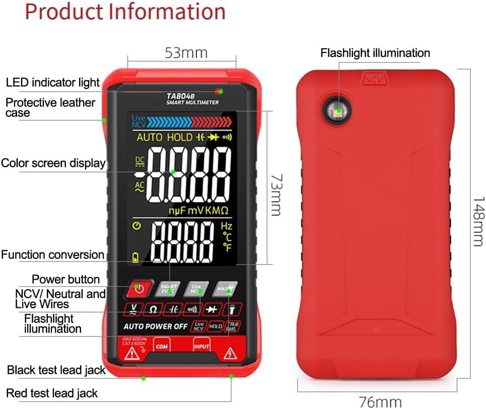 TA804B Smart Digital Multimeter with Large VA Color Screen, True RMS, NCV Detection, Live Wire Identification for Home, Industrial, Electrical Testing