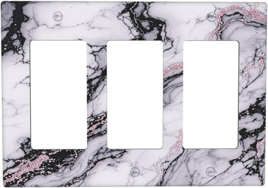 Light Switch Covers White Marble Pattern Black Lines Pink Lines 3 Gang Rocker Electrical GFCI Decorative Triple Outlet Wall Plate Cover Switchplate for living Room Office Decor