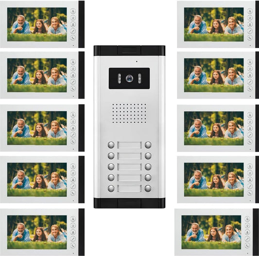 Wired Video Intercom System,7 Inch Ring Video Doorbell with IR Night Vision,HD Camera Kits,IR Outdoor Camera,Dual-Way Intercom for Villa Home Office Apartment (1 Bell +10 Monitor)
