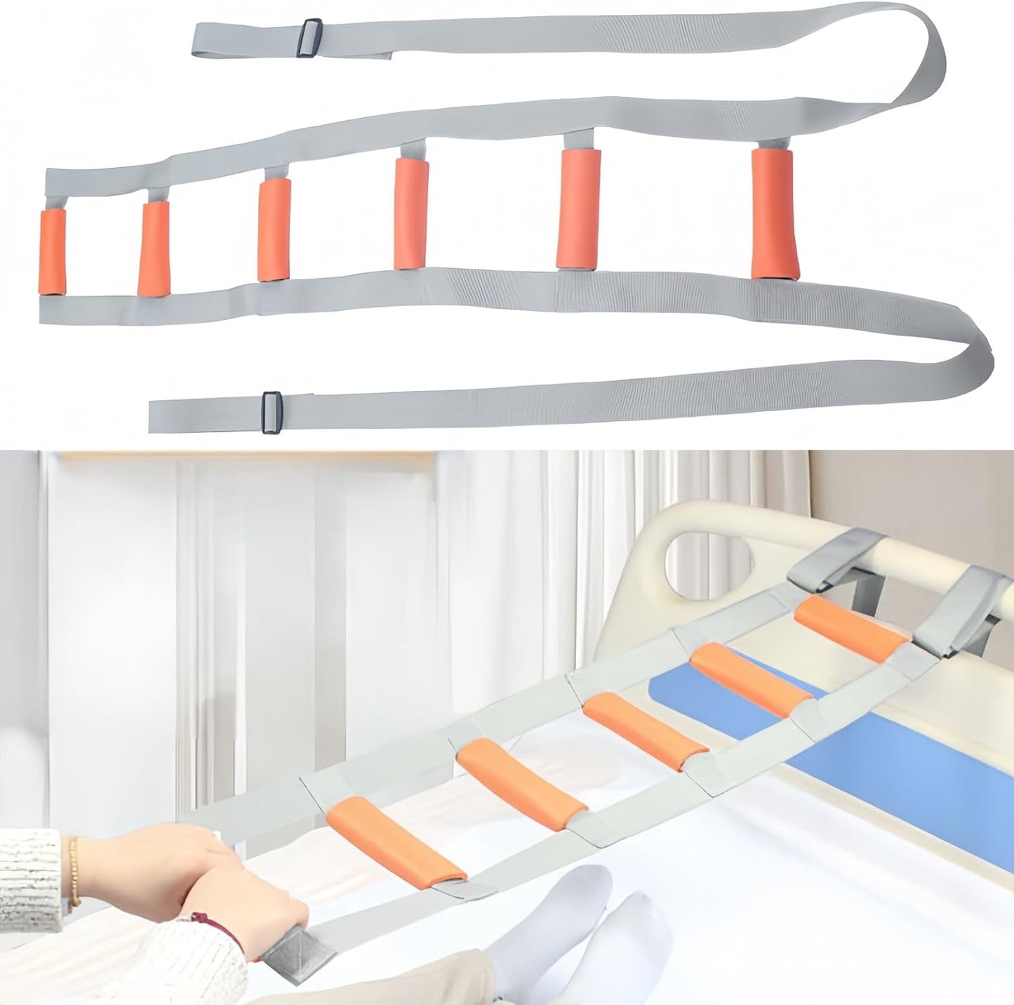 Bed Ladder Assist with Soft Handle Grips Assist Device with Handle Strap Sit Up Hoist Adjustable Length Assistant to Get Out of Bed for Seniors Handicapped Injured（Grey）