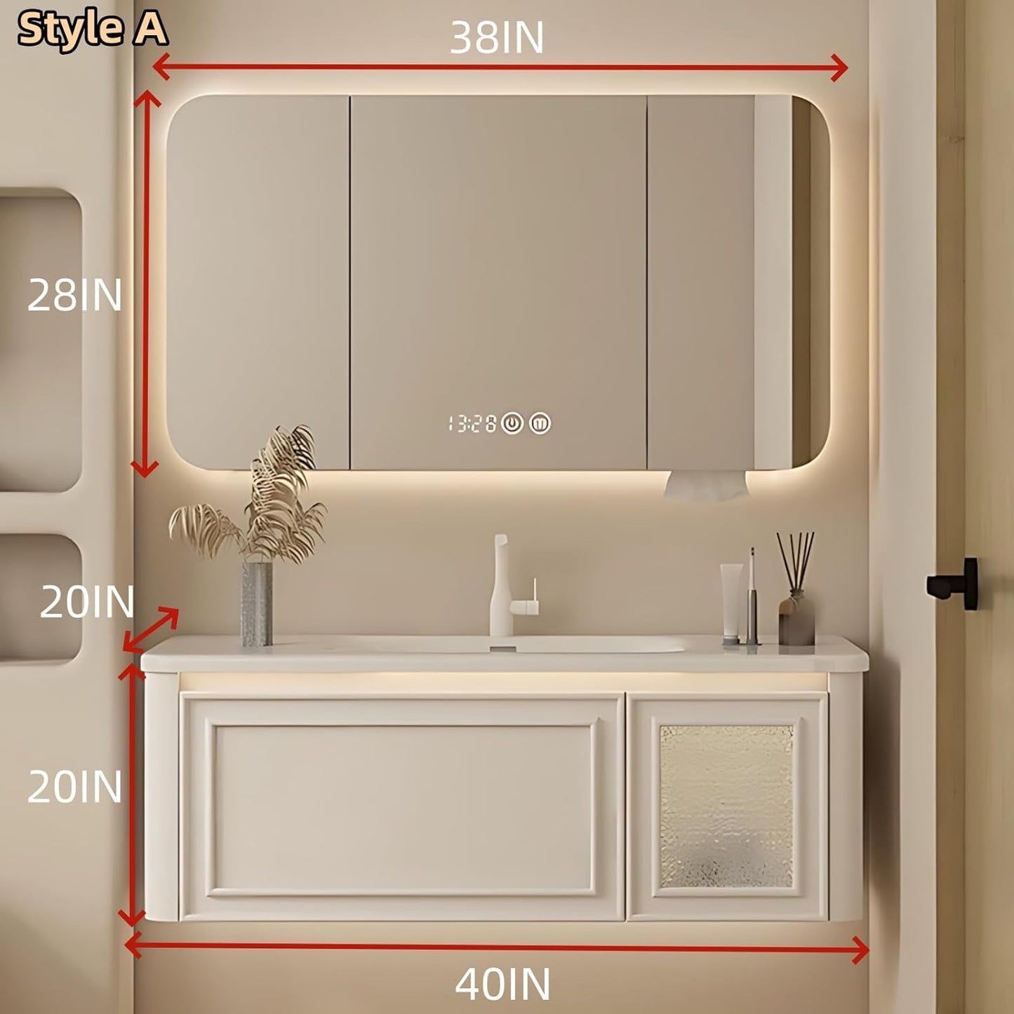 40IN Wall Mounted Bathroom Vanity Set - Wood Bathroom Vanities has Tissue Hole Design | Includes Smart Defogging Mirror Cabinet & Time Display, Rounded Corners, Glass Cabinet Doors (Style A)
