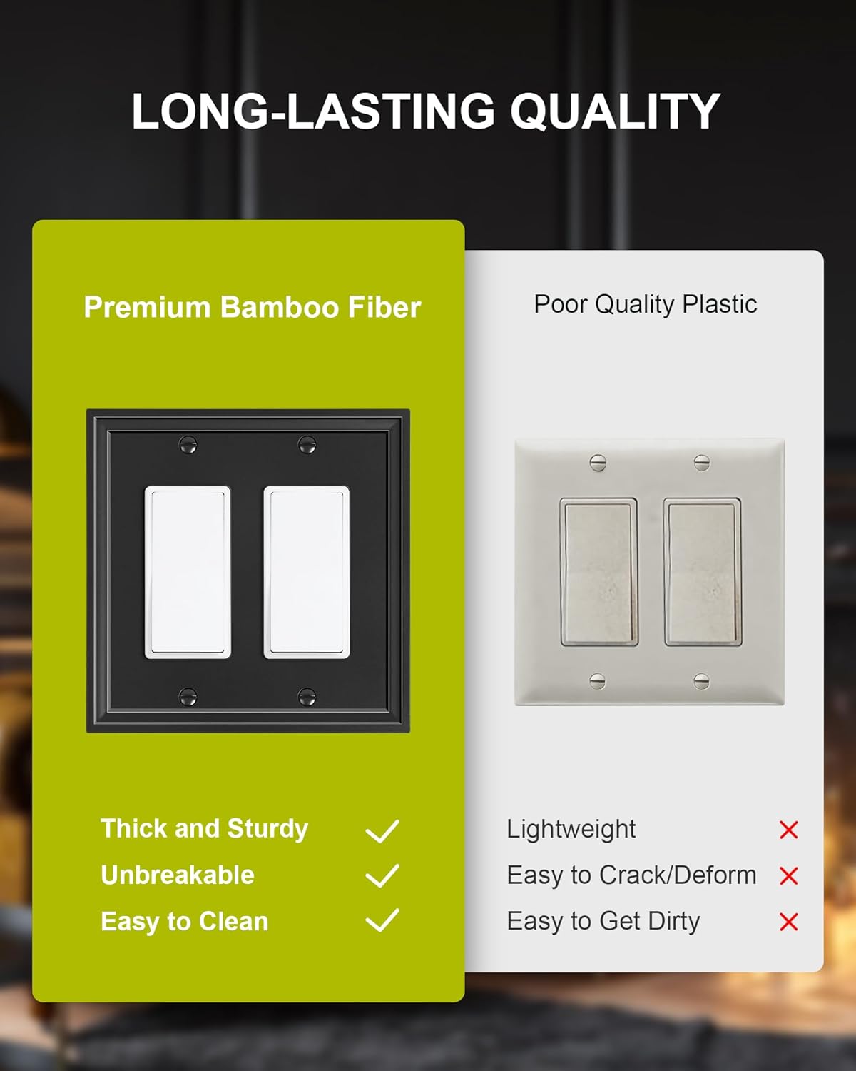 2-Pack Double Decorator Outlet Cover Plate, Black Decorative Switch Plates and Outlet Covers, Natural Bamboo Fiber Wall Plates for Electrical Outlets, Receptacle, GFCI Outlet, Dimmer Switch