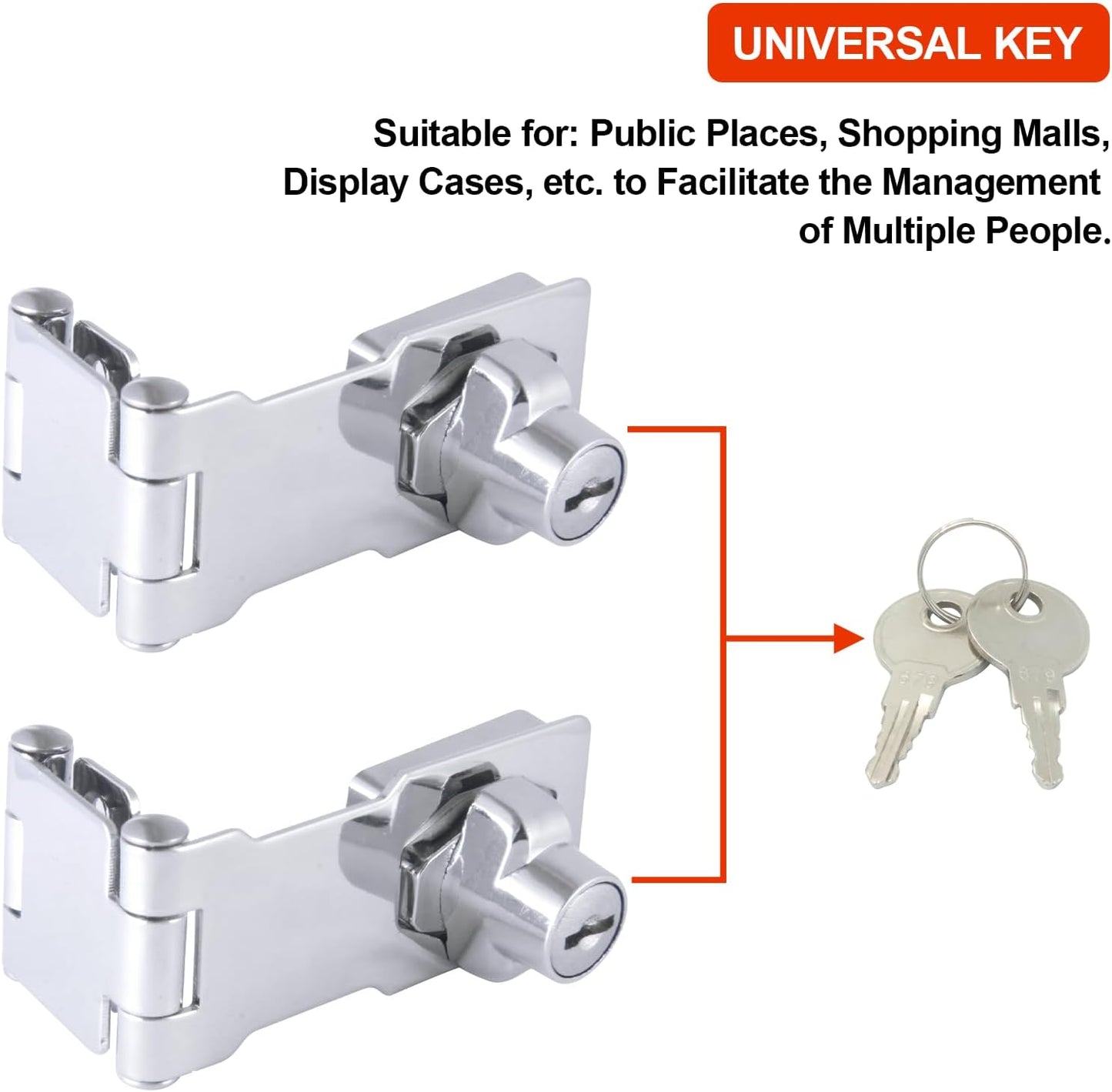 KIBBEH 1 Pack Door Lock Hasp Latchs, Collapsible Solid 304 Stainless Steel File Cabinet Lock Desk Drawer Lock, for 90 Degree and 180 Degree Drawers, Dabinets, Doors, Flip Barn Door (Universal Key)