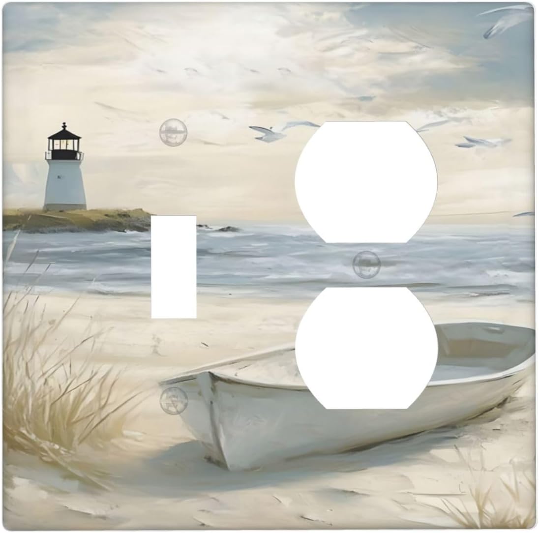 Decorative Outlet Covers Seascape Painting with Lighthouse Boats 2 Gang Wall Plate Single Toggle Duplex Combo Light Switch Covers Switch Plate Cover for Bedroom Home Decor