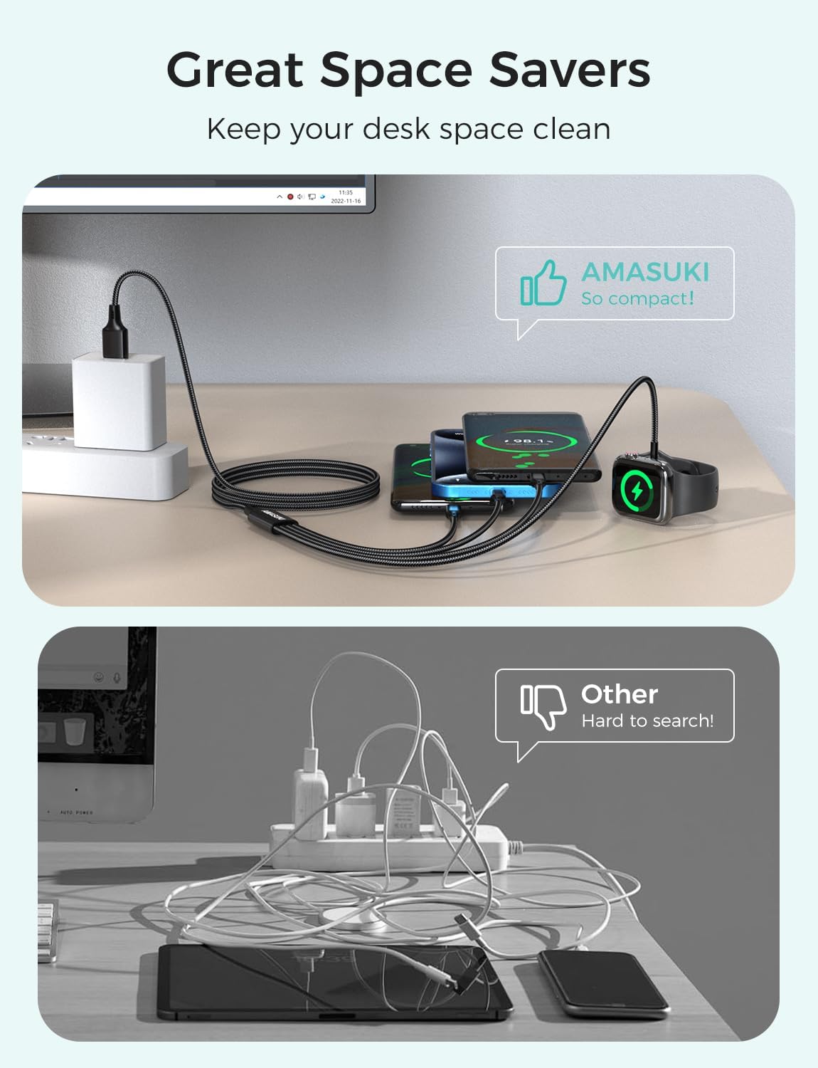 Travel Essentials,4 in 1 for Apple Watch Charger/iPhone Charger/Multi Charging Cable,Vacation RV Camping Essentials,USB C/L/Micro Portable Charger for iWatch 11-1/iPhone 17-12,Car&Gift-Black