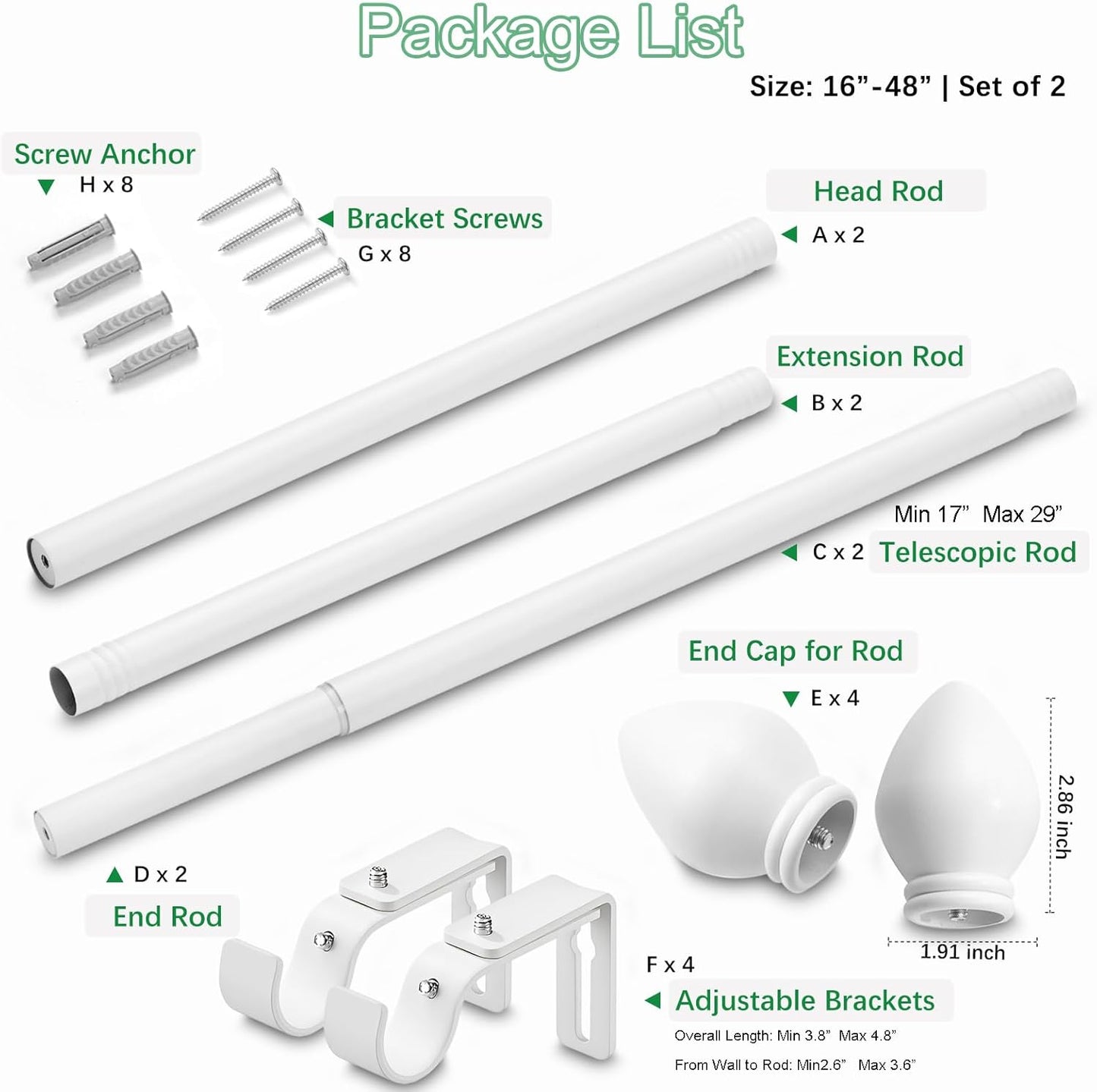 Curtain Rods for Windows 16 to 48 inches, Curtain Rod Max Adjustable Length to 60 in, Drapery Rod 1 inch Diameter with Modern Knobs Finials (White, 16" to 48" - Set of 2)