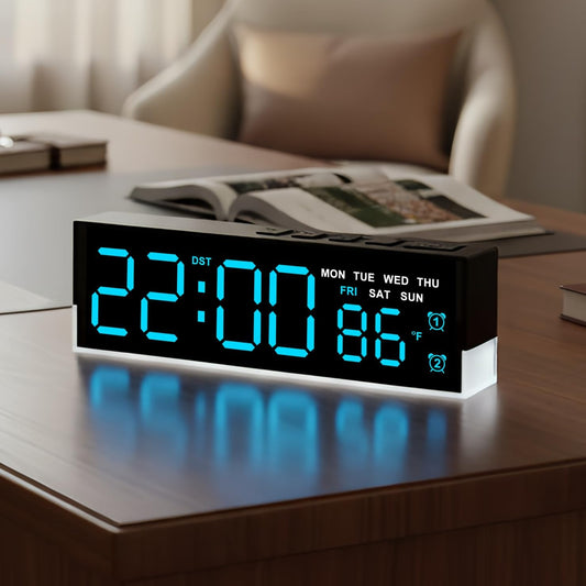 zyzamay 7 Inch Modern LED Digital Alarm Clock with Dual Alarms & Soft Bottom Light｜Displays Time, Date, Day, Temperature｜3-Level Auto/Manual Brightness, DST, USB or Battery Powered Desk Clock,Blue