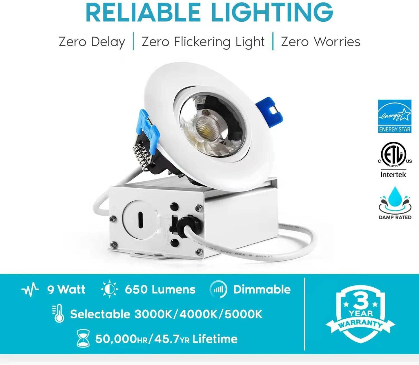 3 Inch Waterproof recessed Shower Lights, 9W COB 3 Colors Adjustable Gimbal Ceiling Recessed Lighting for Bathroom,Bedroom,Kitchen,Balcony
