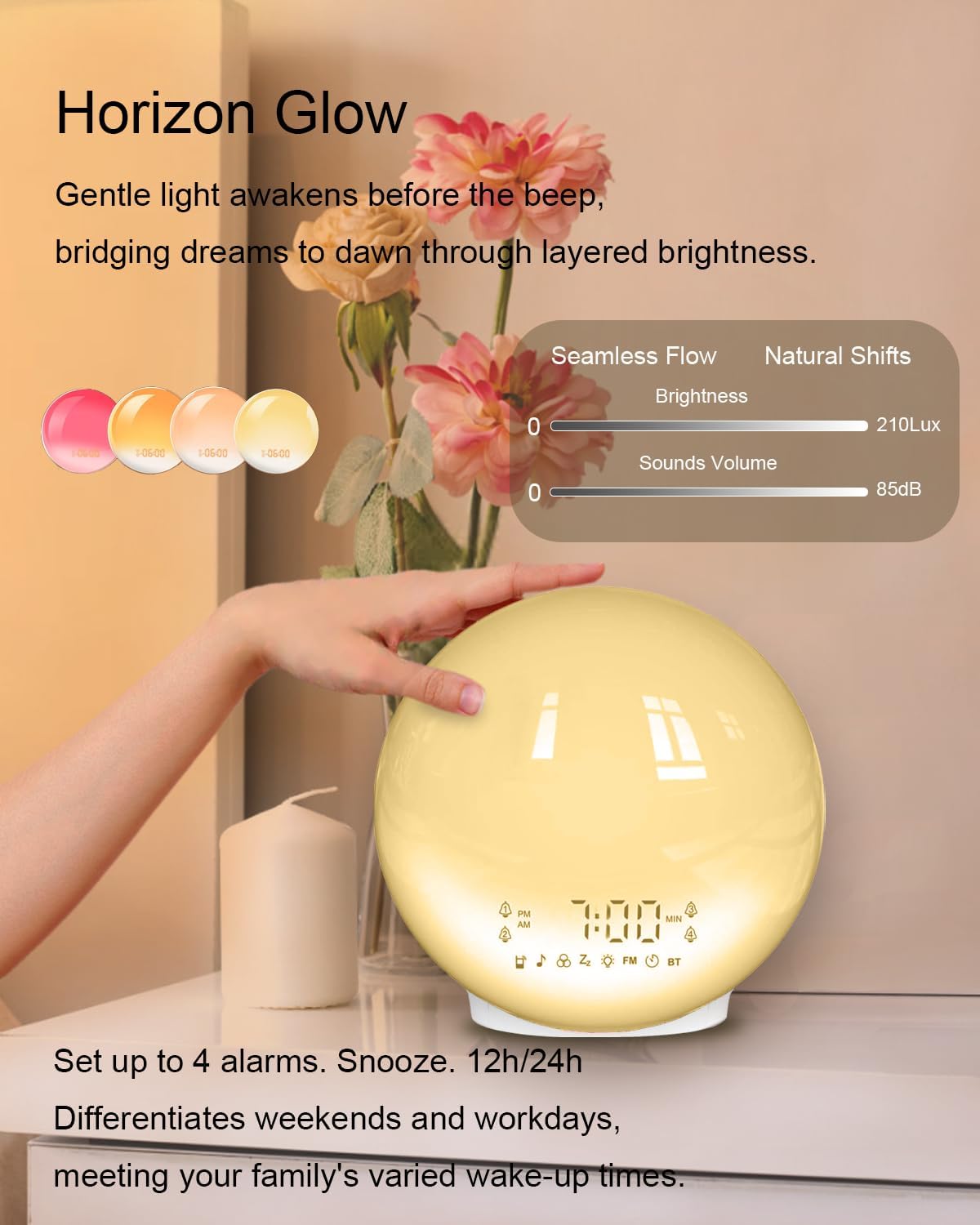 Smart APP Sunrise Alarm Clock with 4 Alarms & Natural Sounds for Heavy Sleepers, App No Signup, Wake Up Light, 11 Night Ligh, Sleep Aid 7 White Noise Machines & FM, Wireless Speaker (White, 1PCS)