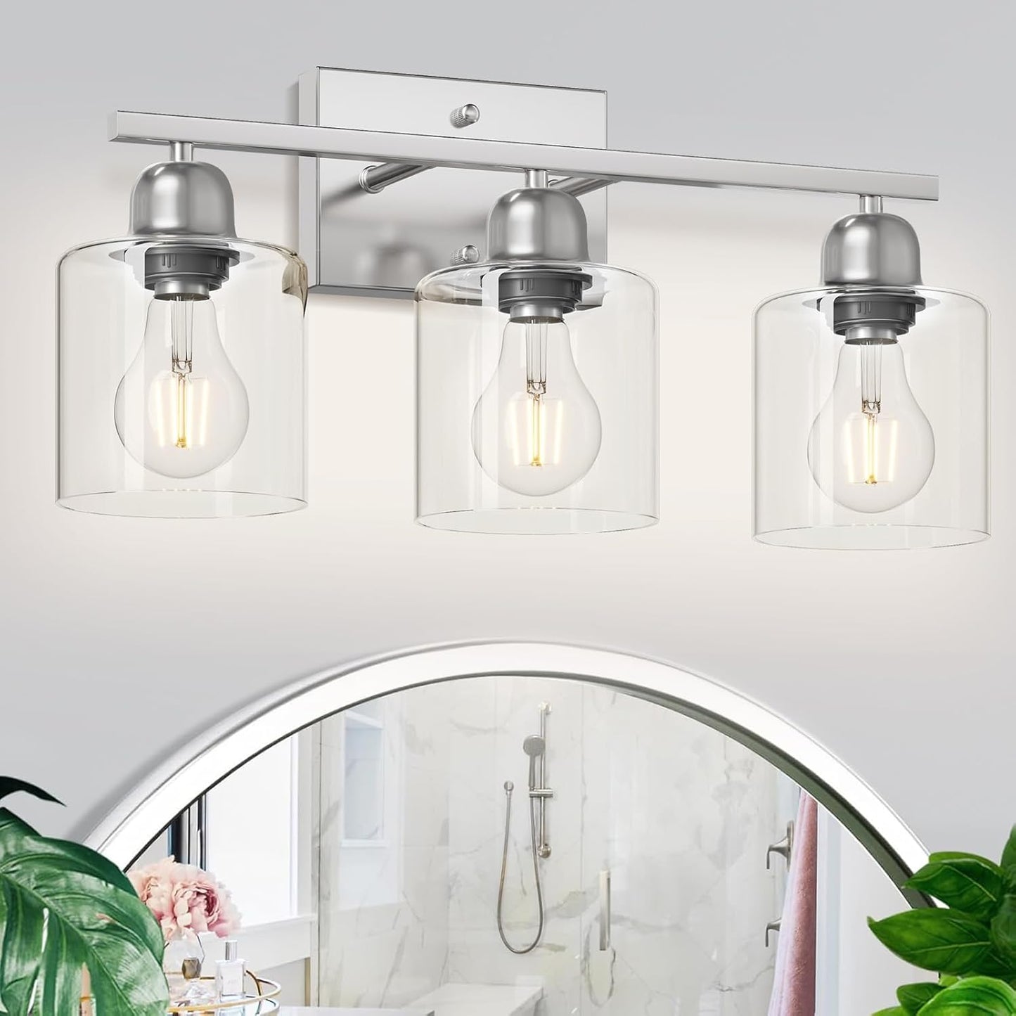 Modern Brushed Nickel 3 Light Bathroom Light Fixtures,19 inch Vanity Lights for Bathroom with Clear Glass Over Mirror for Mirror Kitchen Living Room