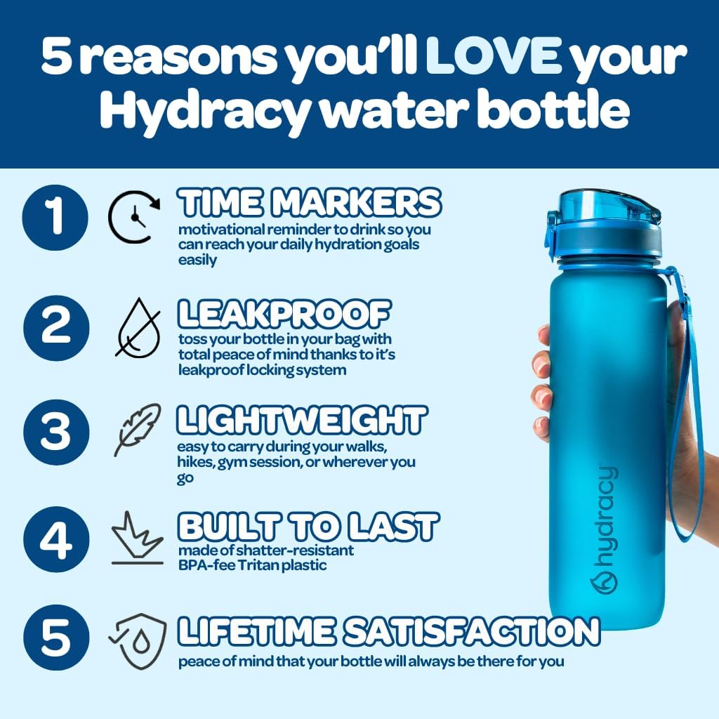 Hydracy Water Bottle with Time Marker -Large BPA Free Water Bottle & No Sweat Sleeve -Leak Proof Gym Bottle with Fruit Infuser Strainer & Times to Drink -Ideal for Fitness Sports & Outdoors