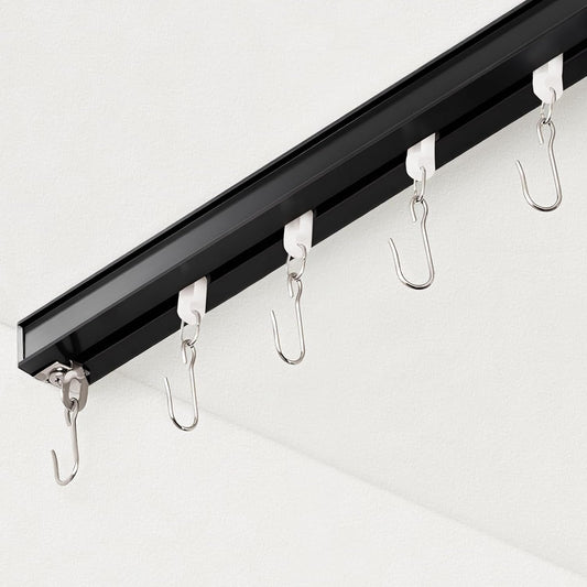 Curtain Track, Ceiling Curtain Track for Room Divider, Ceiling Mount Rail Set with Roller Hooks, Black, 9ft - 12ft