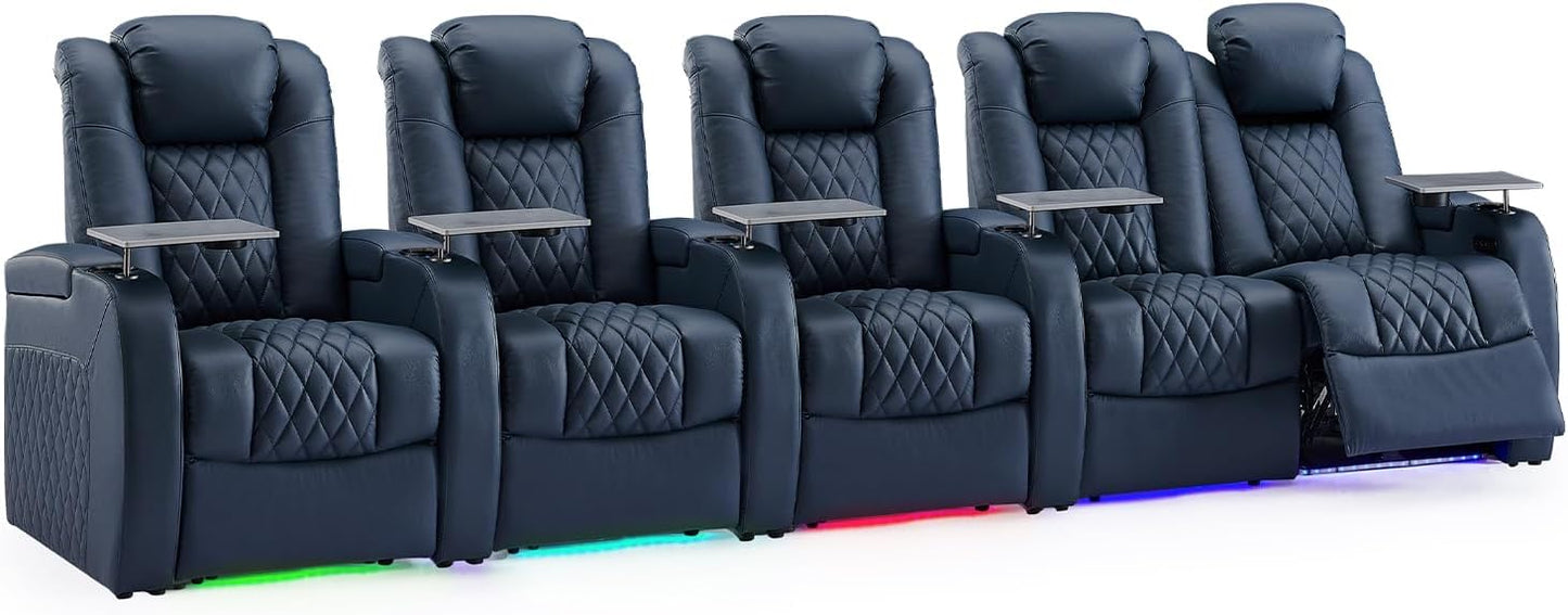 Weilianda Home Theater Seating Top Grain Leather Zero Gravity Recliner Chair Power Headrest Recline Movie Seat Gaming 7 Colors Mood Light Sofa with Tray Table USB Charge Row of 5 Loveseat Right Blue