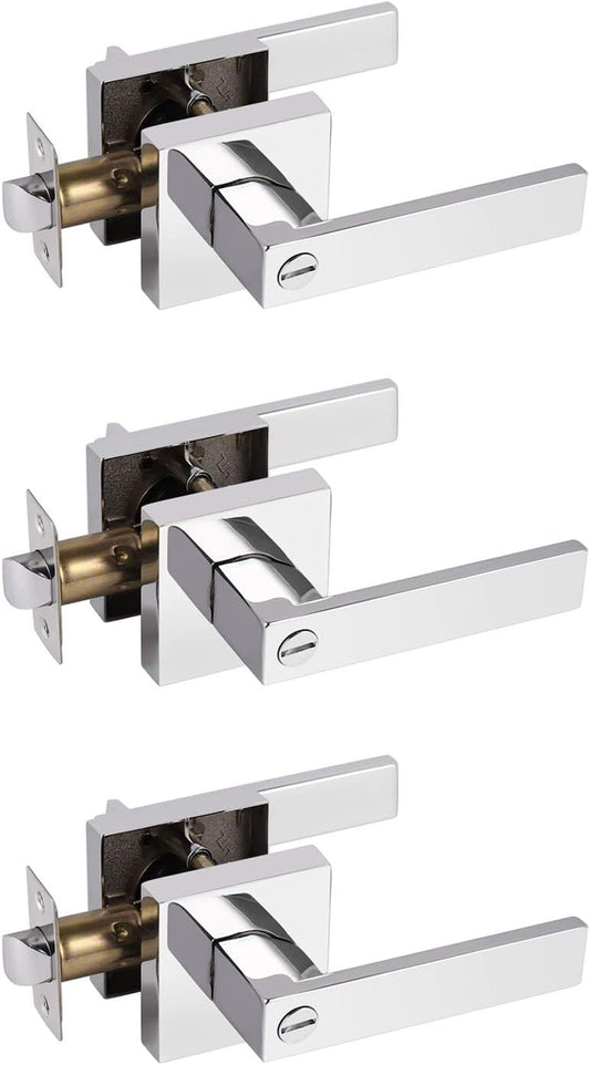 Probrico Privacy Door Levers for Bedroom and Bathroom Keyless Heavy Duty Handles Lockset with a Polished Chrome Finish, Reversible for Right & Left Sides, 3 Pack