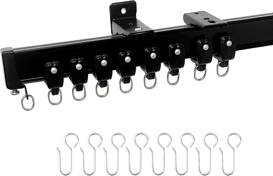 Aluminum Ceiling Curtain Track Set with Hooks Ceiling Mount and Wall Mount Room Divider Sliding Curtain Tracks Rods Flexible Heavy Duty Curtain Rail Hook Sets, Black, 9FT