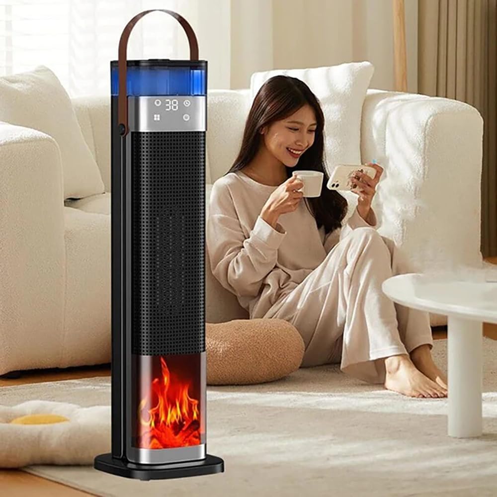 Tower Heater for Bedroom with Thermostat, Spray Humidification, 3D Simulated Flame, 3 Heating Modes, 12H Timer, 360°Protection, Portable Battery Powered Heaters for Indoor Use Large Room & Office