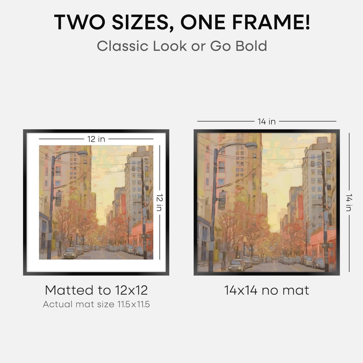 Homeforia 14x14 Picture Frame Black, High End Metal 14 x 14 Square Poster Frames with Mat 12 x 12 Photo, 14x14 Black Frame Matted to 12x12 Print, 14by14 Thin Frames, Tempered Glass, Wall Kit, Set of 4