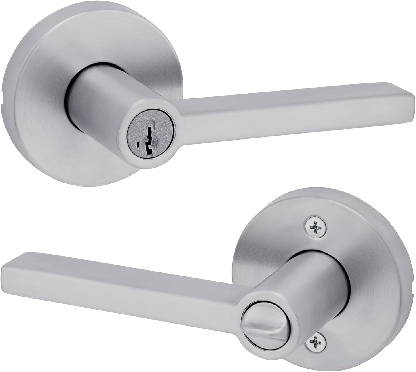 Kwikset Halifax Entry Door Handle with Lock and Key, Secure Round Keyed Reversible Lever Exterior, for Front Entrance and Bedrooms, Satin Chrome, Pick Resistant Smartkey Rekey Security and Microban