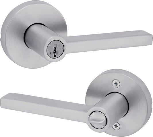 Kwikset Halifax Entry Door Handle with Lock and Key, Secure Round Keyed Reversible Lever Exterior, for Front Entrance and Bedrooms, Satin Chrome, Pick Resistant Smartkey Rekey Security and Microban