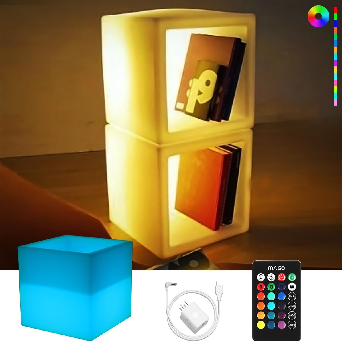 Mr.Go 16-inch SEMI-Storage LED Light Cube, Rechargeable RGB Color Changing Glowing Cube Cabinet Container End Table Ice Bucket Flower Pot Planter