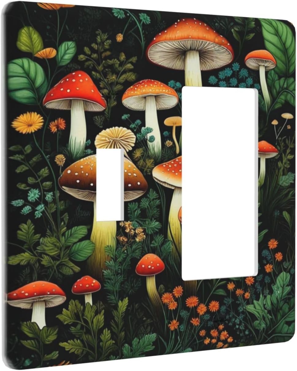 Decorative Outlet Covers Boho Red Mushroom Green Leaf Plants Floral 2 Gang 1 Gang Wall Plate Cover Single Toggle Rocker Combo Light Switch Plate Covers Jumbo Switch Cover Plate