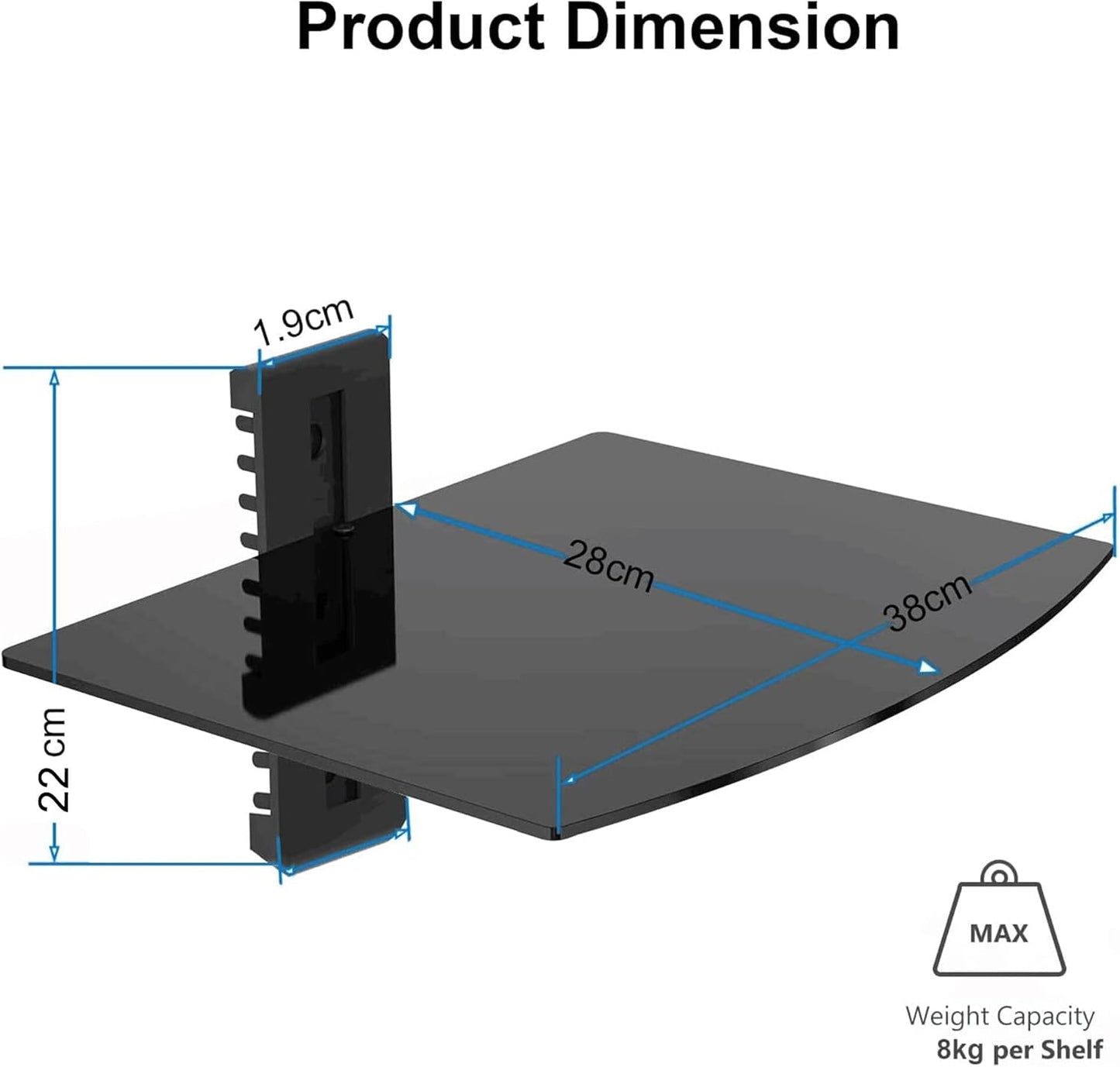 suptek Glass Floating Shelf, 1 Tier Media Shelf for TV Accessories, Flat Black Wall Mount Bracket, 17.6lbs Weight Capacity, Quick Installation, Cable Management, Custom Style, Backless