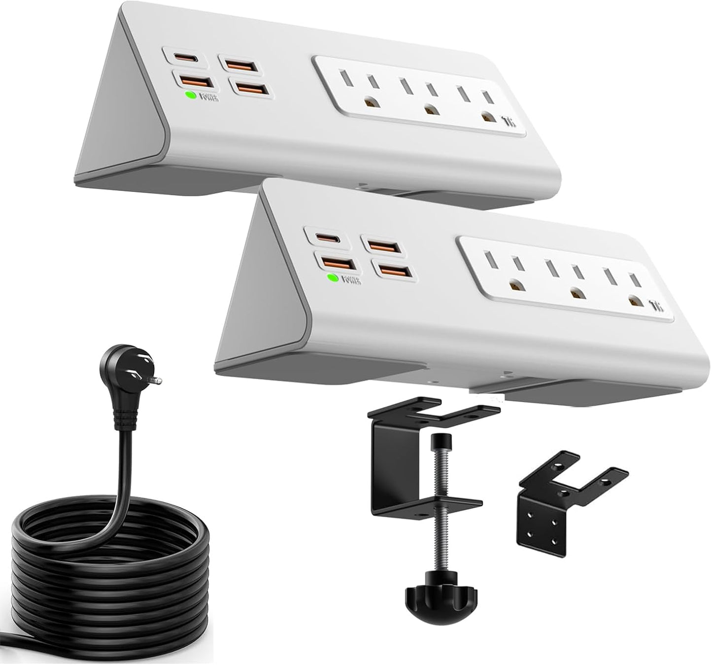 Upgraded Version Edge Mount Power Strip with USB-C Ports Tabletop Surge Protector Desk Clamp Power Sockets with 3 AC Outlets &4 Fast Charging USB Ports for Home Office Hotel Dormitory (White- 2pack)