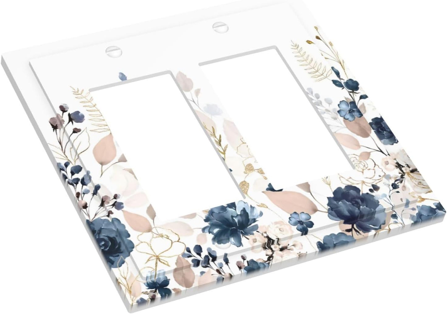 Blue Flora Boho Vintage Flower Golden Leaves Decorative Outlet Covers 2 Gang Double GFCI Rocker Electrical Wall Panels Light Switch Cover Plate for Bedroom Living Room Decor