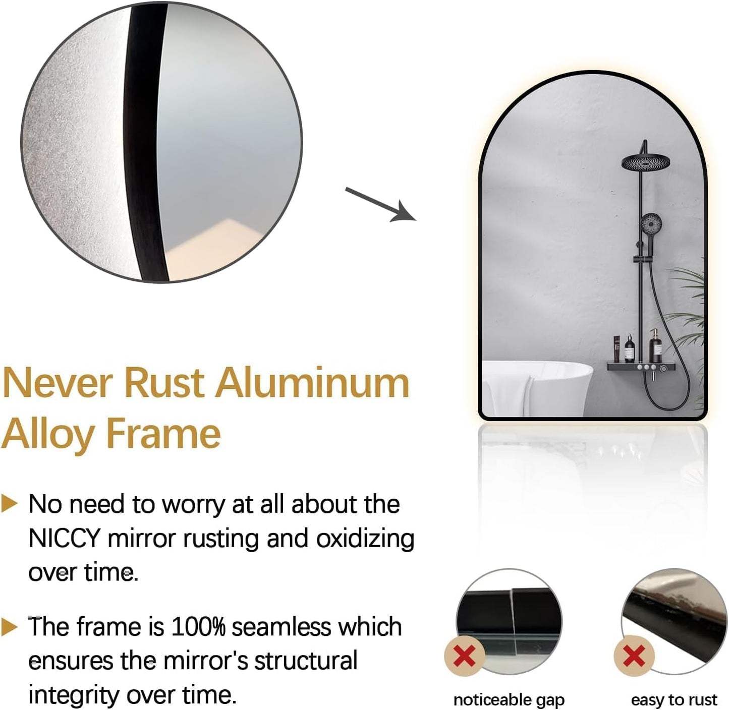 Niccy Arched LED Lighted Bathroom Mirror, 48x30 Inch Backlit Vanity Bathroom Mirror with Lights Brushed Black Framed Wall Mounted Mirrors with 3 Color Shatterproof Arch Smart Fog Free Mirror