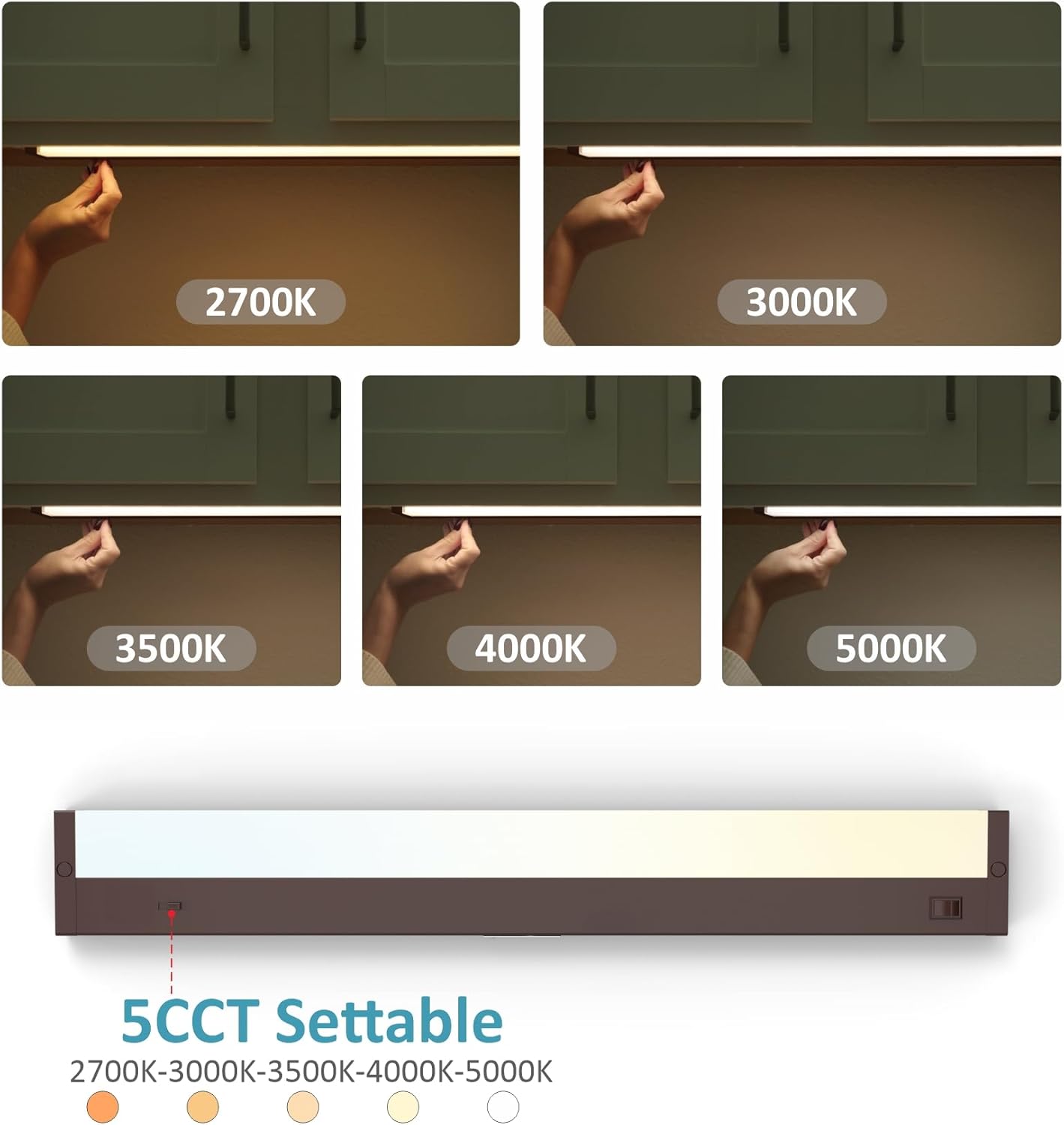 LED Under Cabinet Lighting Hardwired or Plug in, 12 Inch 6W, Dimmable 5 Color 2700K/3000K/3500K/4000K/5000K, Linkable Eyes Care Design Counter Lights for Kitchen, Sink, ETL Listed, Bronze