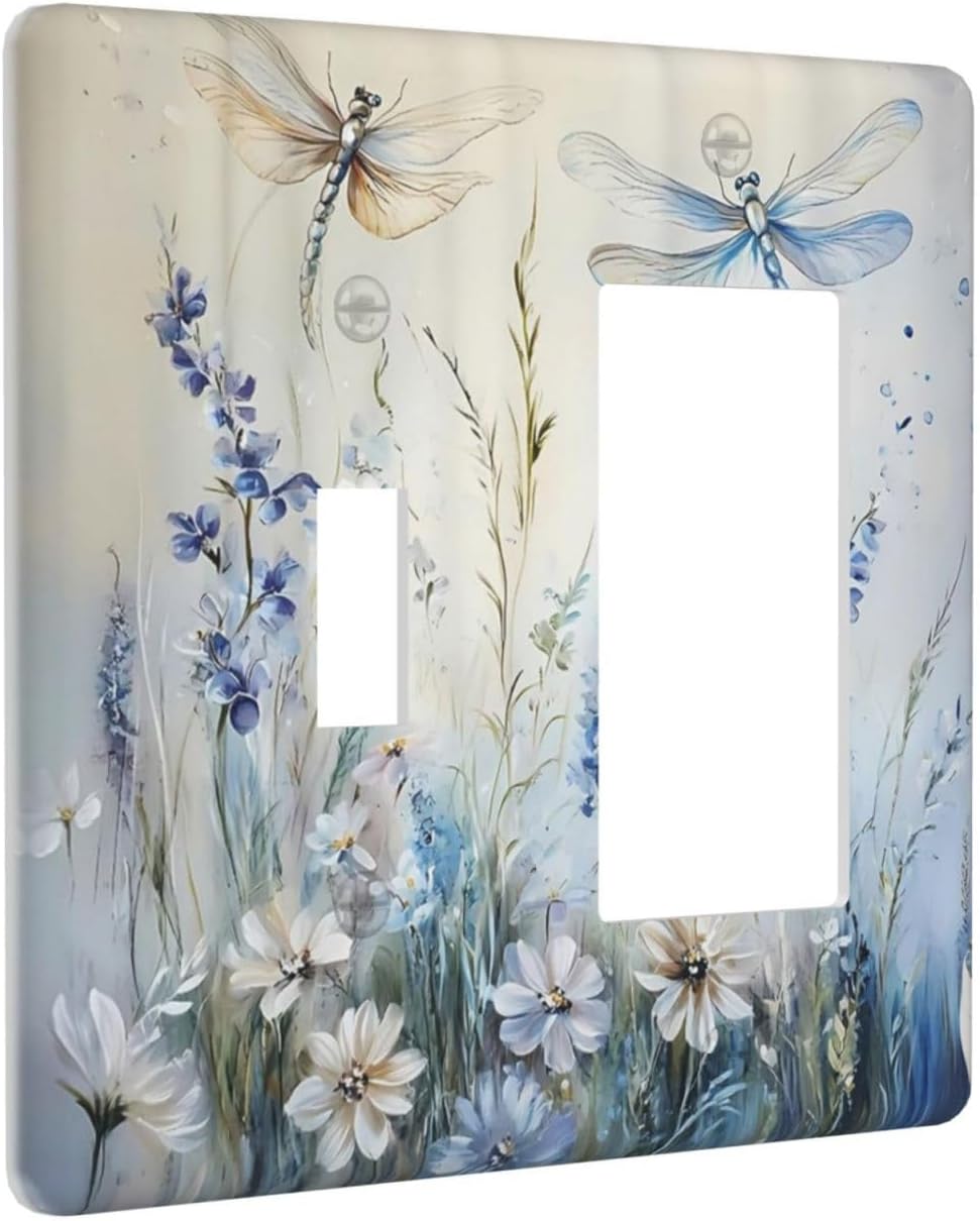 Decorative Outlet Covers Watercolor Dragonfly Blue Wihte Flower 2 Gang Light Switch Cover Plate Single Toggle 1 Rocker Wall Plates for Electrical Outlets Switch Plate Covers for Bedroom Decor