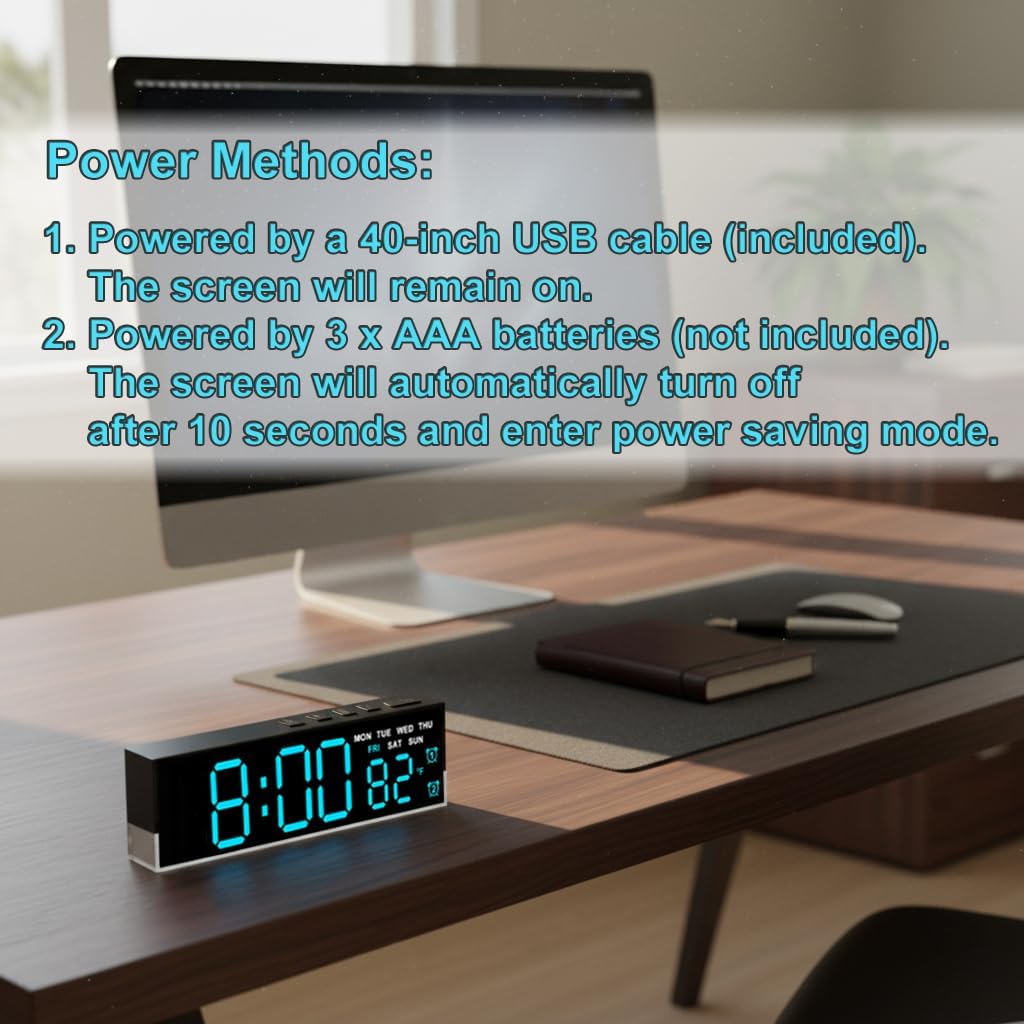 zyzamay 7 Inch Modern LED Digital Alarm Clock with Dual Alarms & Soft Bottom Light｜Displays Time, Date, Day, Temperature｜3-Level Auto/Manual Brightness, DST, USB or Battery Powered Desk Clock,Blue