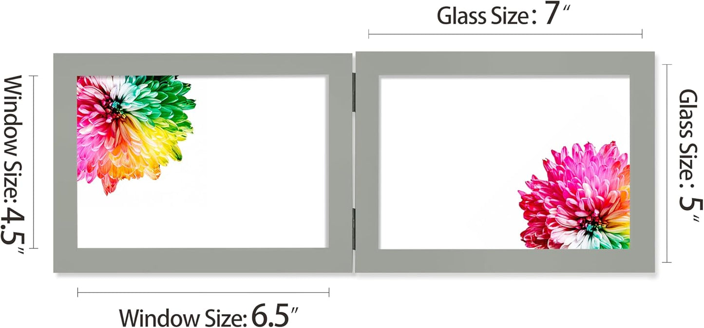 Double 5x7 Horizontal Combo, Grey Wood Picture Frame, 4.5x6.5 Opening Foldable Landscape View Photo Frame on Table-top or Wall