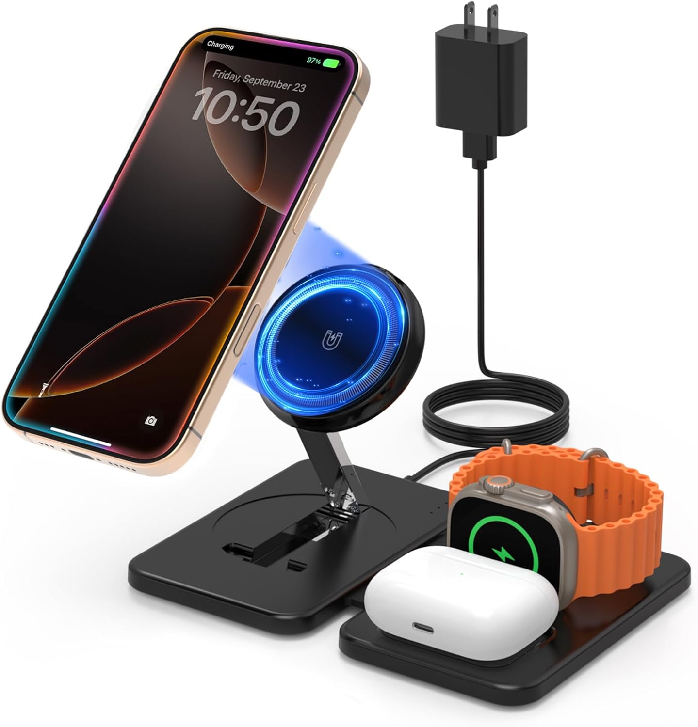 Charging Station Magnetic for iPhone Mag-Safe: JoyGeek 3 in 1 Foldable Wireless Charger for iPhone 16-12 Pro Max Plus, Travel Charger for AirPods, A-pple Watch 10-2 Series