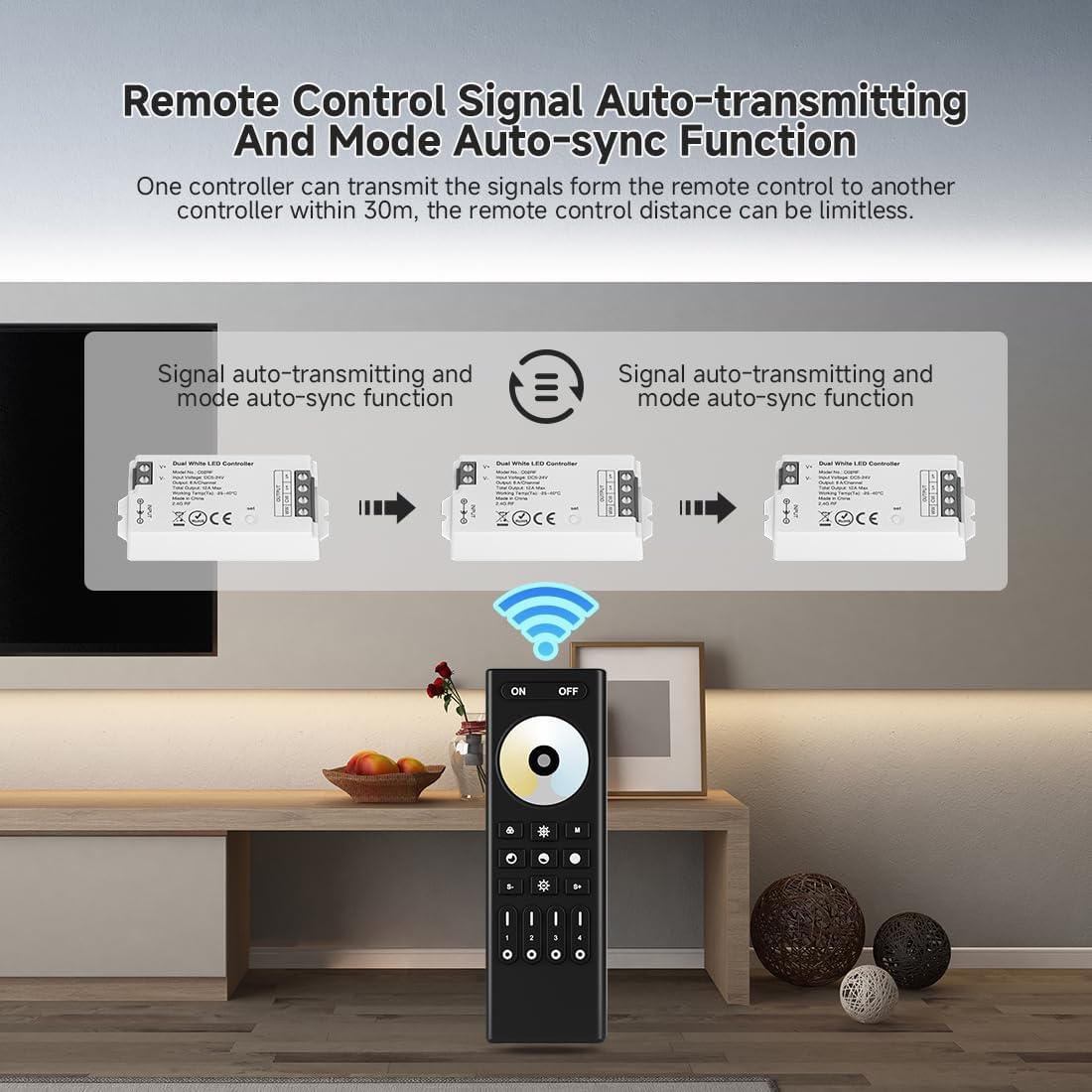 COB CCT RF 2.4GHz Wireless Remote RC02RFB & C02RF Tuya Controller Kit, 4 Zones Group Control PWM CCT(+ CW WW) 3pin Dual White LED Strip Controller DC5V DC12V DC24V Max 12A