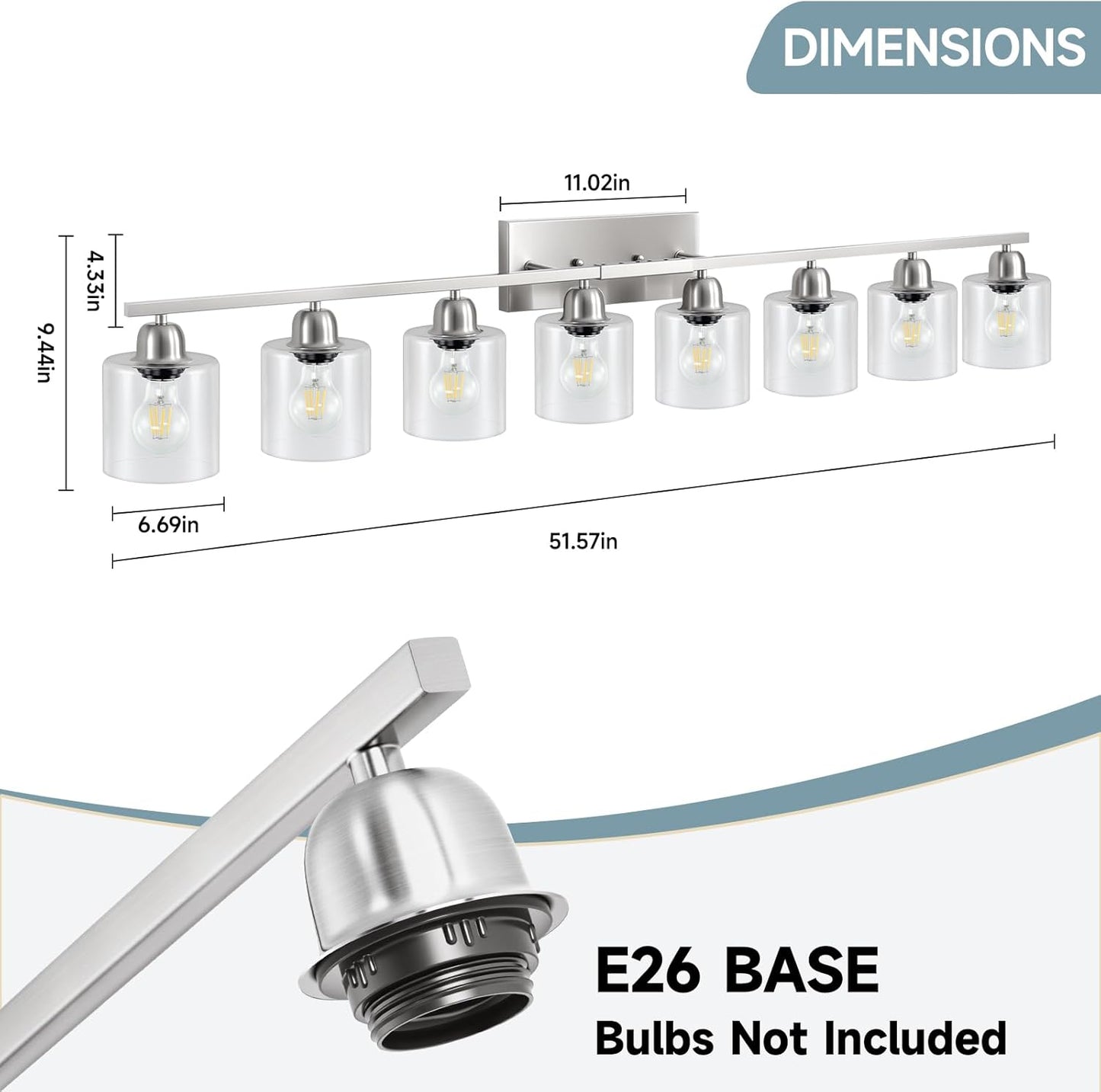Modern Brushed Nickel 8 Light Bathroom Light Fixtures,52 inch Vanity Lights for Bathroom with Clear Glass for Mirror Kitchen Living Room Hallway Cabinet Porch