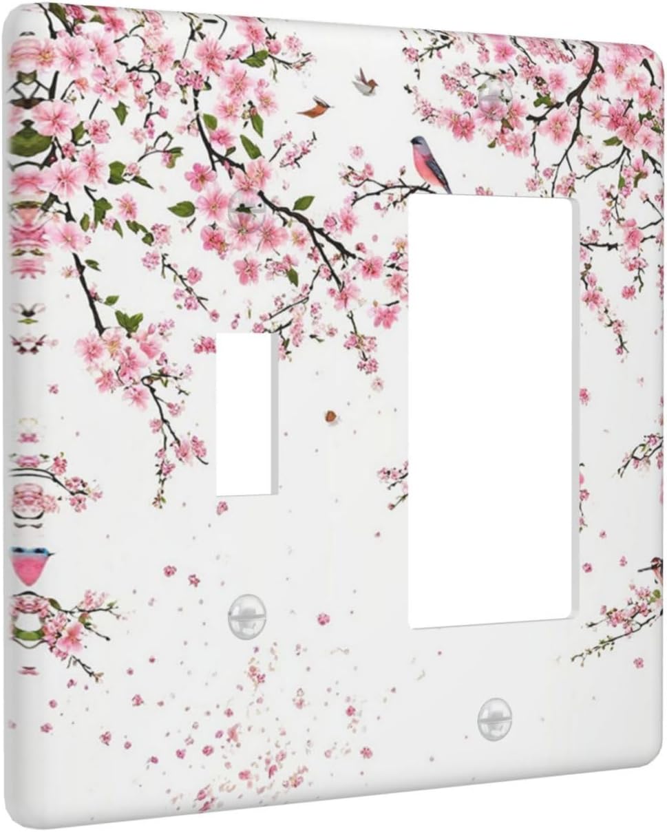 Decorative Outlet Covers Rustic Plum Blossom Pink Flowers 2 Gang Wall Plate Single Toggle 1 Rocker Light Switch Cover Switch Plate Covers Faceplate for Home Bedroom Decor
