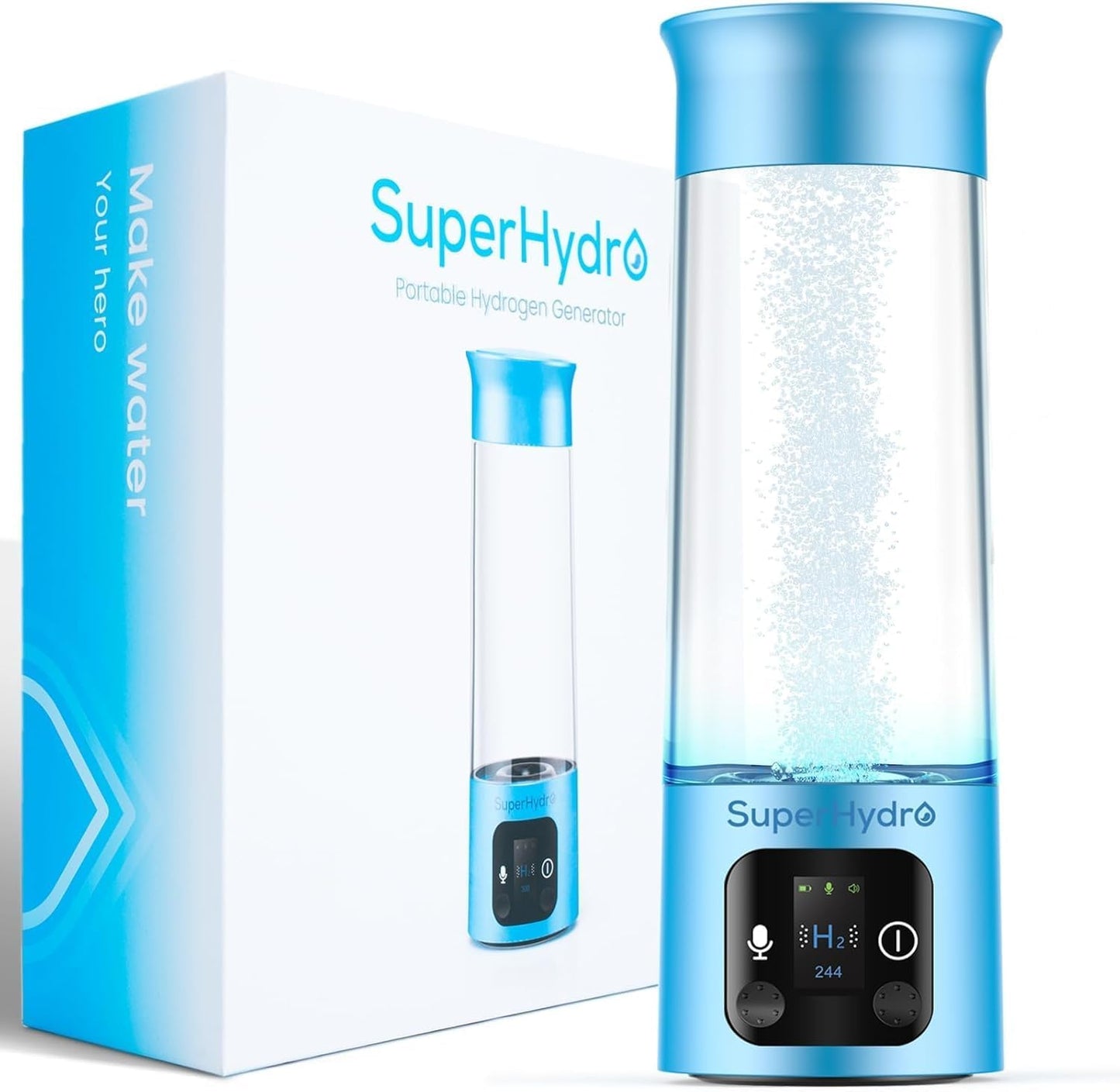 Hydrogen Water Bottle Generator - Up to 6000+ PPB Concentration - SPE/PEM Technology - Voice Reminder - Water Ionizer Machine Suitable for Travel, Daily and Office Drinking - 12oz (Blue)
